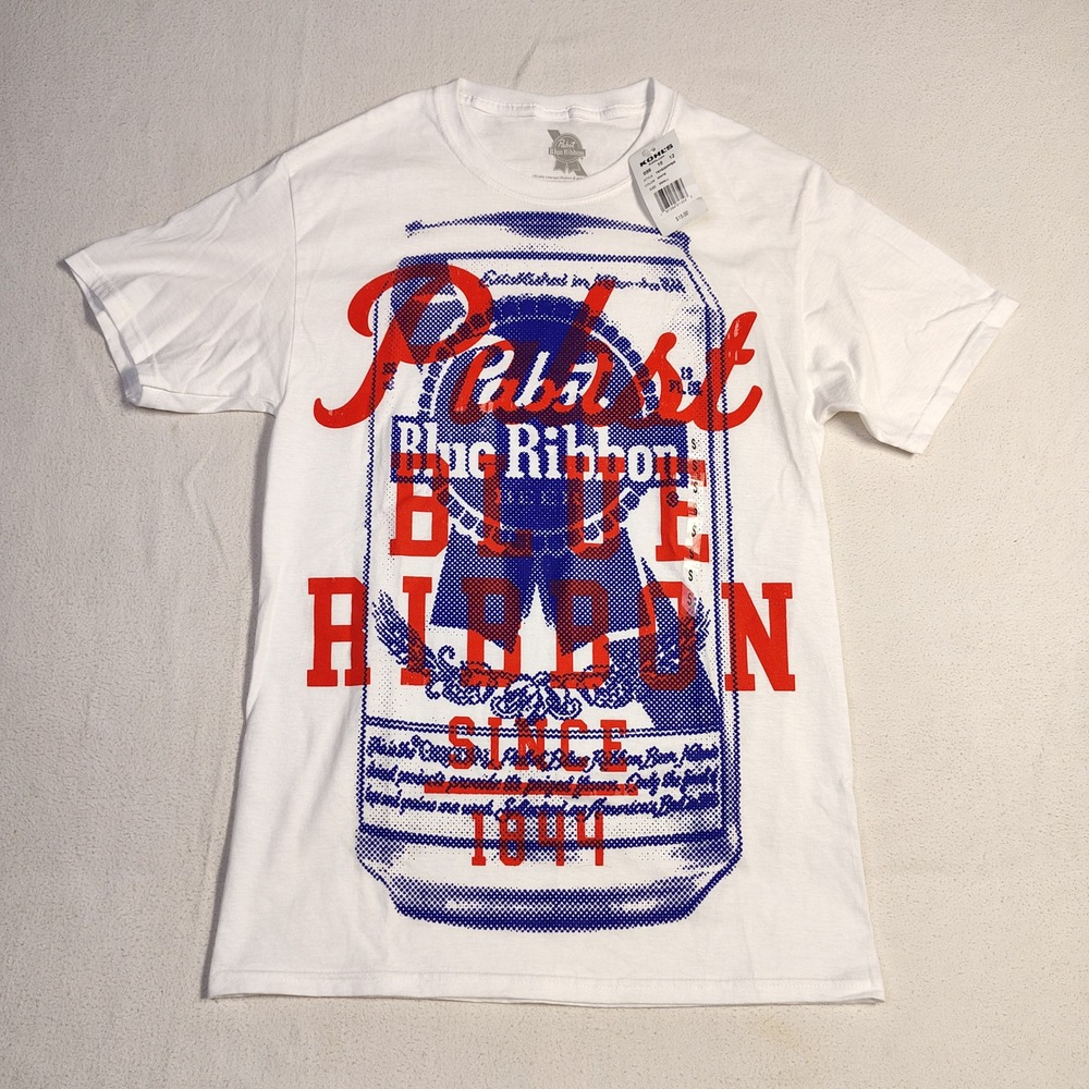 Pabst Blue Ribbon Mens T-Shirt Small White Cotton Graphic Beer Can Logo Tee NEW